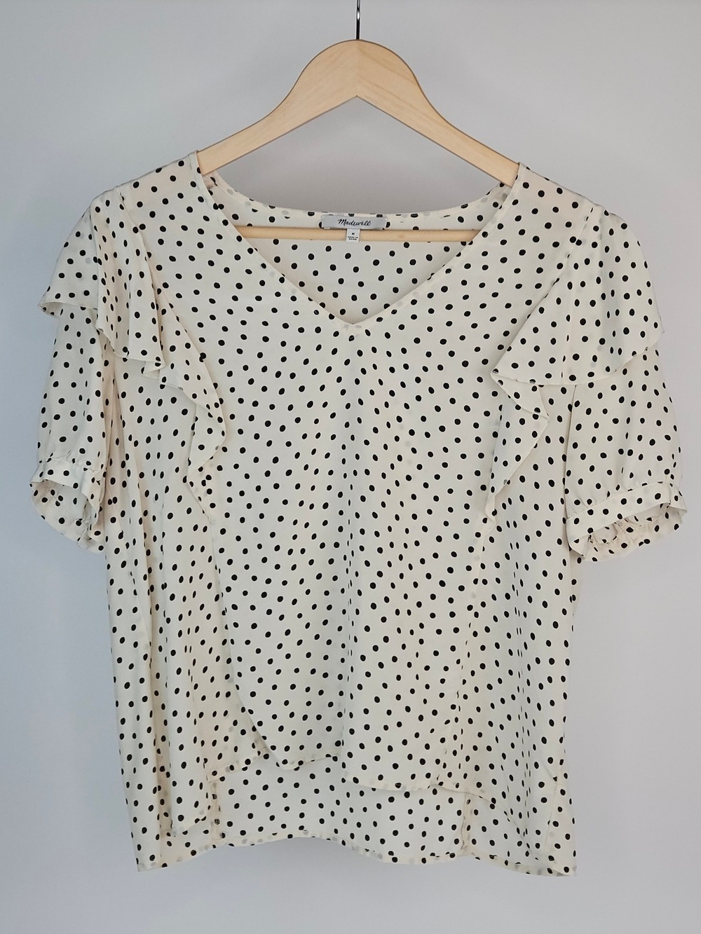 Madewell Silk Polka Dot Ruffle V-Neck Top Medium Black White Blouse